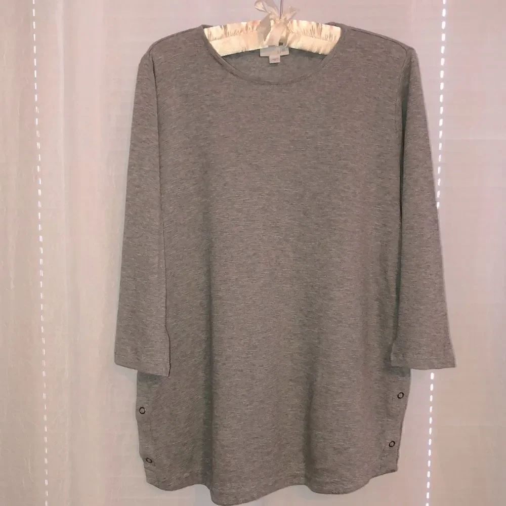 J. Jill M Gray Cotton Knit Popover Quarter Sleeve Thermal Tunic Side Snaps